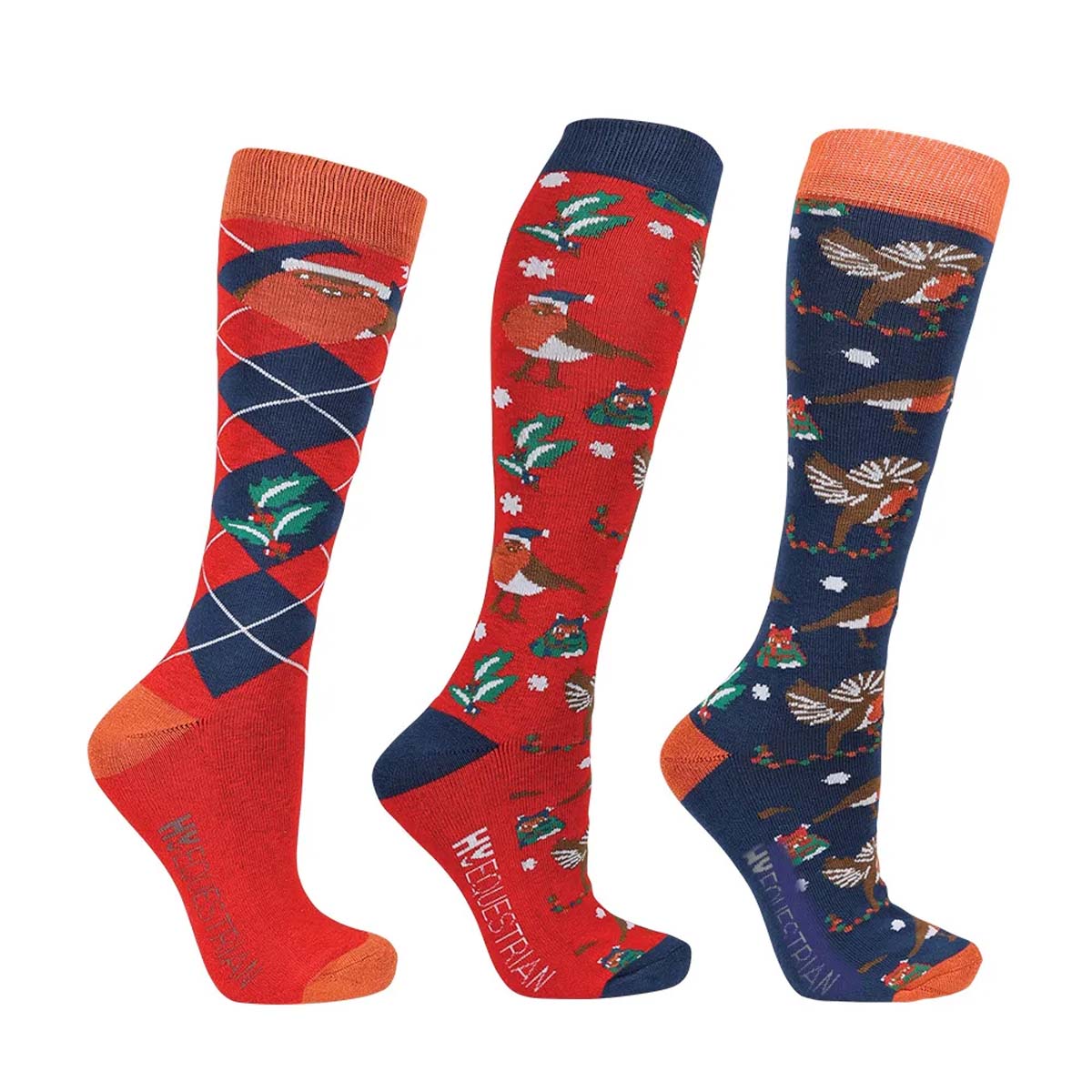 Hy Equestrian Ruby the Robin Christmas Socks 3Pk Navy/Red